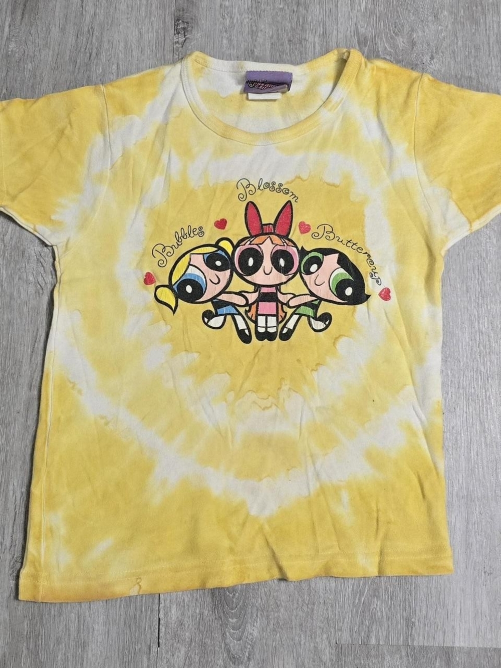 Vintage 1999 Cartoon Network Powerpuff Girls Yellow Tie Dye Baby Tee Y2K